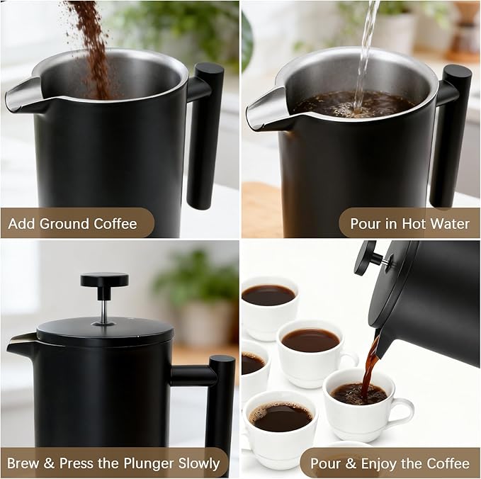 French Press Coffee Maker 304 Grade Stainless Steel French Press with 2 Extra Filters for Home Office Travel Camping - 34OZ/2 Litre (Black)