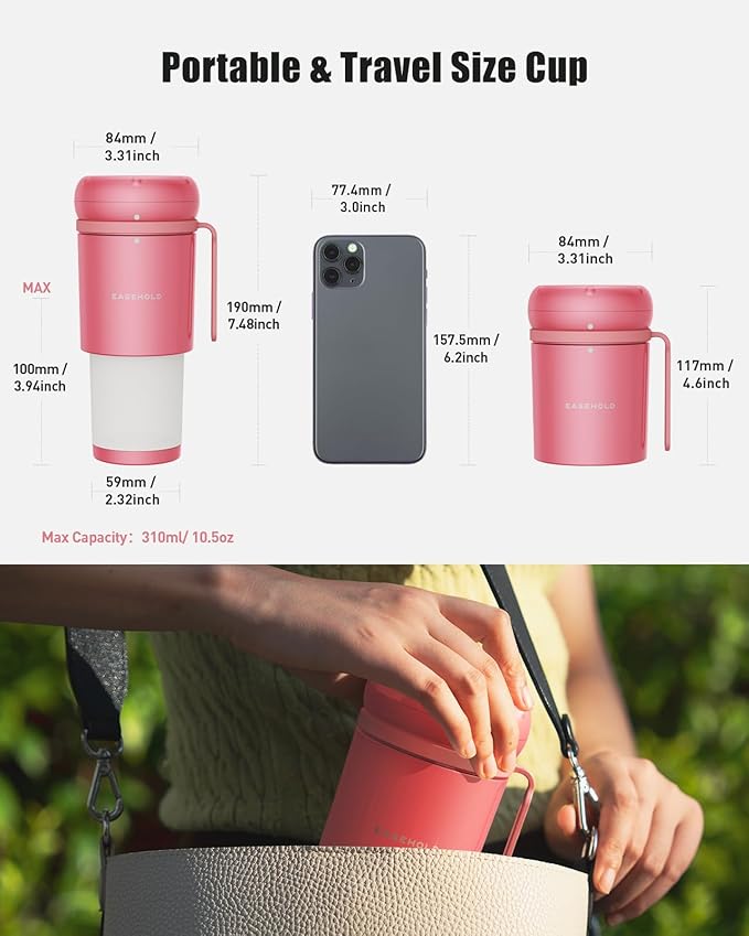 EASEHOLD Portable Personal Blender for Shakes USB Magnetic Rechargeable Travel Juicer Cup With Ultra Sharp 4 Blades BPA-Free 10.5oz To-Go Fruit Mixer for Office Sports Gym
