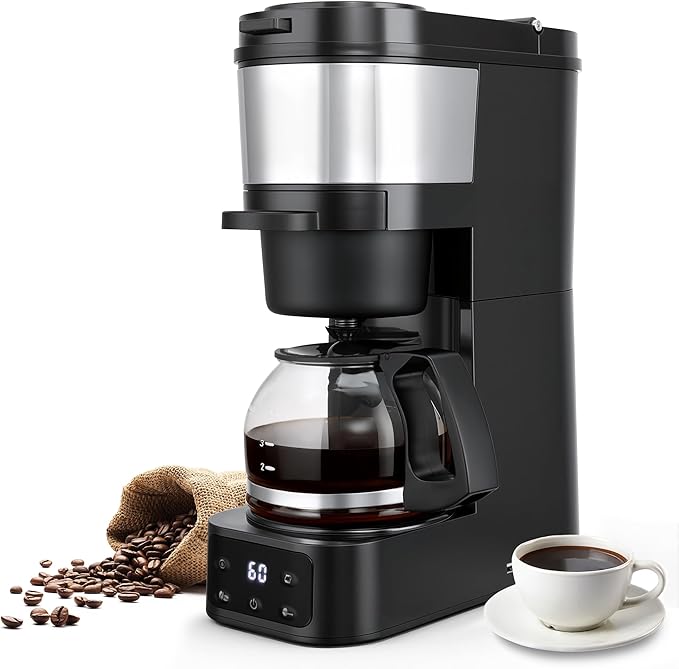Grind and Brew Coffee MakerDrip Coffee Maker with Grinder Built In5-Cup Programmable Coffee Machine with Brew StrengthWarming Plate and Multiple Grind Levels for Home &amp Office