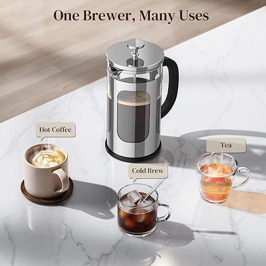Veken French Press Coffee Maker 34oz 1 L No Plastic Touching Cafe Heat Resistant Thickened Borosilicate Glass Stainless Steel Brewer Cold Brew Cafetera Teapot for Kitchen Travel Camping Silver