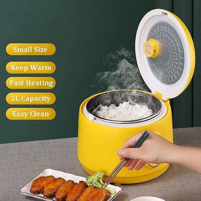 Multi-Function Rice CookerElectric Rice Cooker Yellow 2L Small Rice Cookers with Removable Non-Stick Rice Pot Meat Or Porridge Cooking