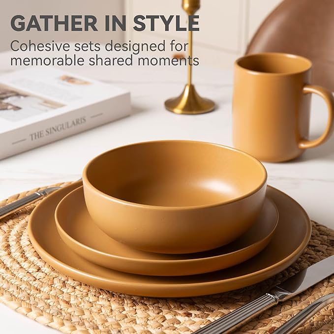12-Piece Matte Orange Dinnerware SetStoneware Dinnerware for 4 Microwave &amp Dishwasher Safe Stackable Design for Kitchen and Dining - Plates and Bowls