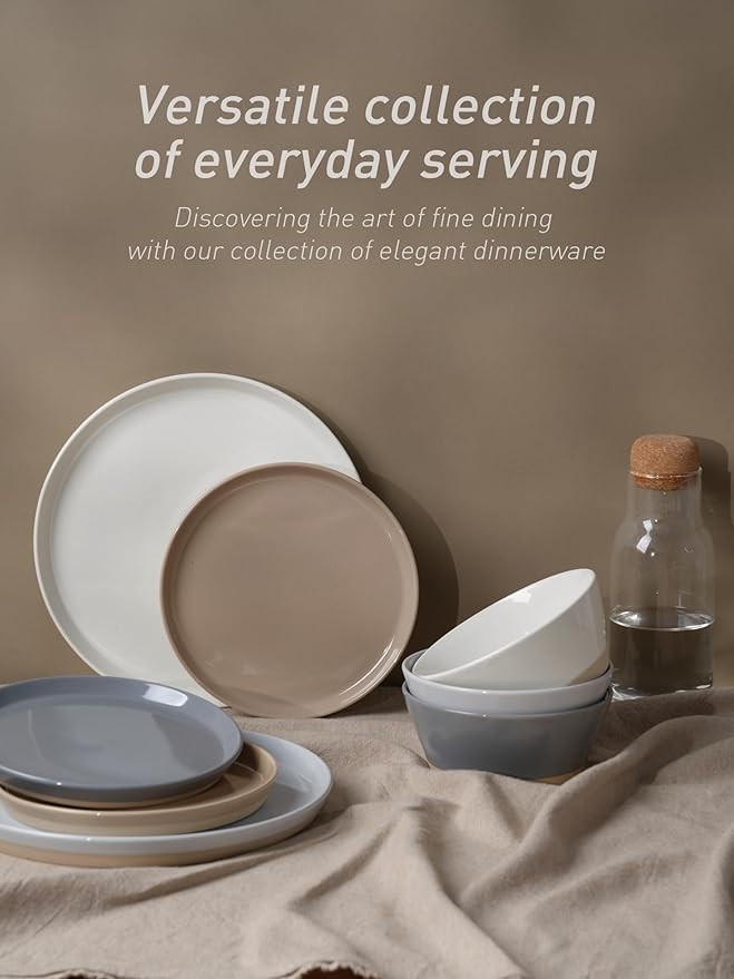 Famiware Saturn 16 Pieces Plates and Double Bowls Sets for 4 Stoneware Dinnerware Set with Pasta Bowl Dish Set with Trim - Chip &amp Scratch Resistant Microwave &amp Dishwasher Safe Multi-color