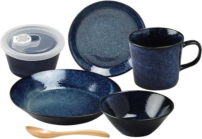 Aito Seisakusho 567-503 Mino Ware Natural Color Dinnerware Set Living Alone 6-Piece Set Navy Blue Dishwasher and Microwave Safe Made in Japan