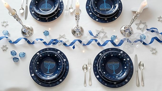 UPware 12 Piece Hanukkah Menorah Melamine Dinnerware Sets Outdoor Dishes Set Plates and Bowls Sets Hanukkah Decorations Service for 4 Indigo Blue