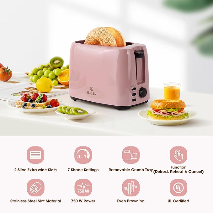 iSiLER 2 Slice Toaster 1.3 Inches Wide Slot Bagel Toaster with 7 Shade Settings and Double Side Baking Removable Crumb Tray Defrost Cancel Function Pink