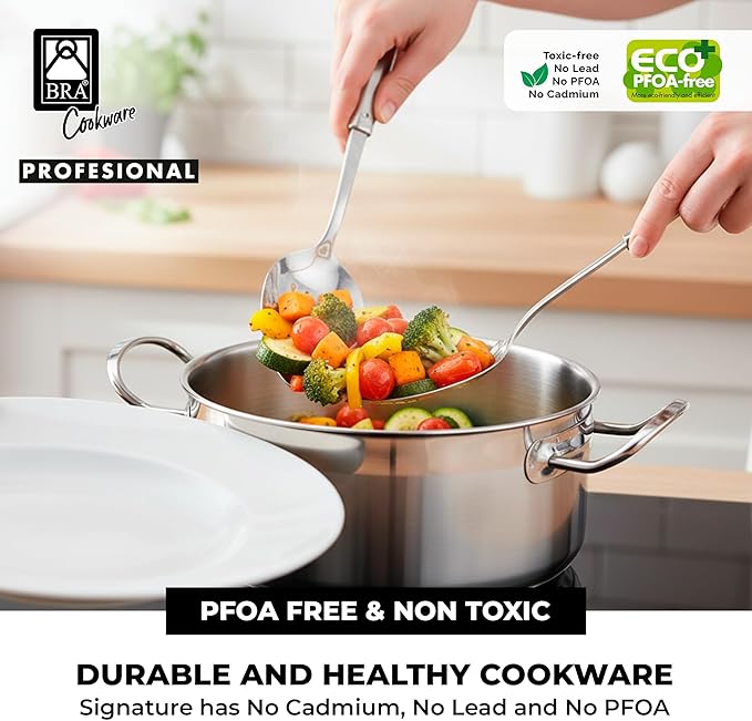 BRA COOKWARE Profesional 8-Piece Stainless Steel Cookware Set | Professional Pots &amp Pans Set | Kitchen Set w/ 2 Pots 1 Sauté Pan 2 Frying Pans 3 Lids | All Heat Sources Compatible | PFOA Free