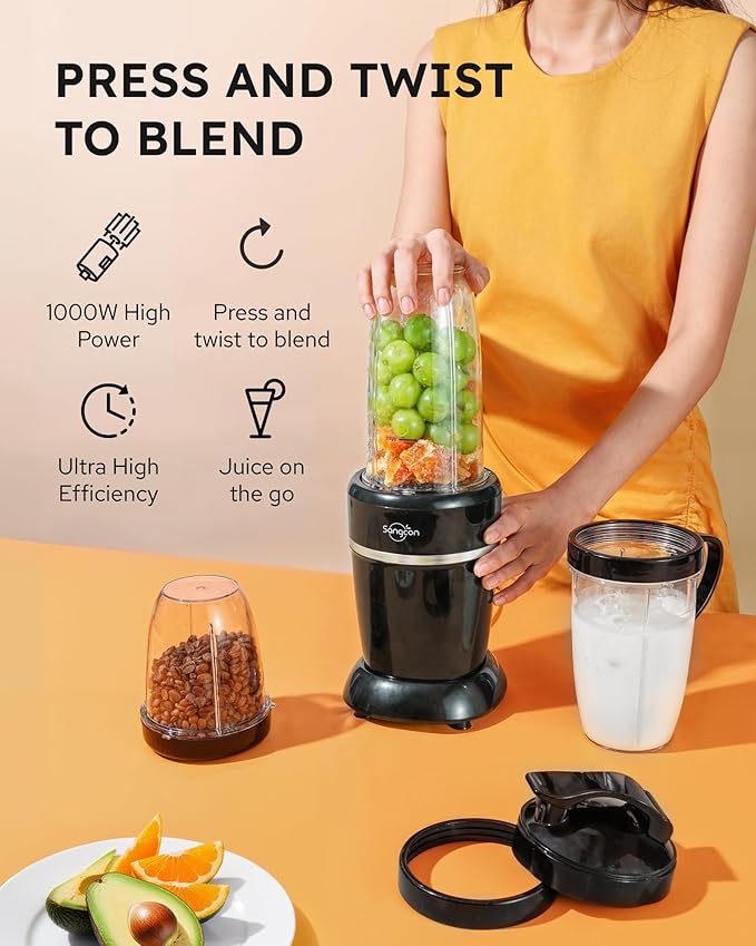 Sangcon 1000W Smoothie Blender for Kitchen Blenders for Smoothies with (3) Cups (2) Spout Covers (1) Storage Cap (1) To-Go Cap Portable Blender for Shakes Ice Crushing Frozen Drinks Spices