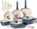 23Pcs Ceramic Cookware Set Non Stick Pots and Pans Set Non Toxic with Detachable Handle Induction Kitchen Cookware Set Space Saving Oven &amp Dishwasher Safe Navy Blue