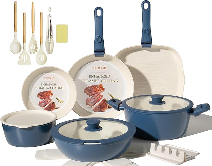 23Pcs Ceramic Cookware Set Non Stick Pots and Pans Set Non Toxic with Detachable Handle Induction Kitchen Cookware Set Space Saving Oven &amp Dishwasher Safe Navy Blue