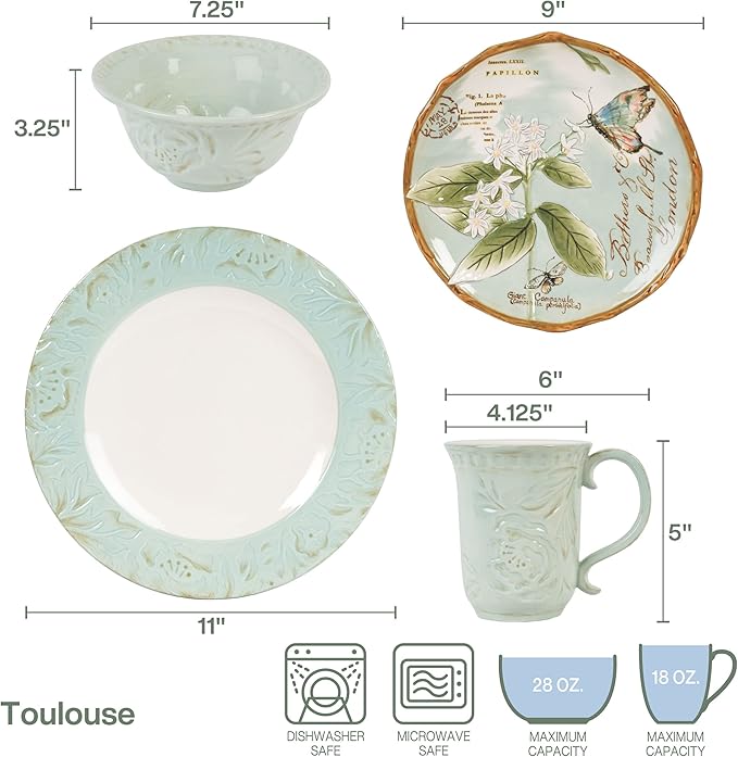 Fitz &amp Floyd Fitz and Floyd Toulouse Green 16 Piece Dinnerware Set Service For 4 Green