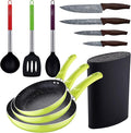 Set 3pc Frying Pan (20+24+28cm) Green Pressed Aluminium with Set 3pc Nylon Kitchen Utensils with Set 4pc Stainless Steel Knives with Tacoma/Block