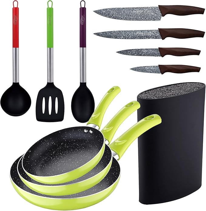 Set 3pc Frying Pan (20+24+28cm) Green Pressed Aluminium with Set 3pc Nylon Kitchen Utensils with Set 4pc Stainless Steel Knives with Tacoma/Block