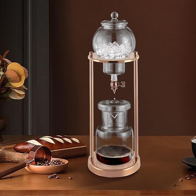 20.29oz Cold Brew Coffee Maker Wooden Ice Coffee Machine Stainless Steel and Borosilicate GlassStainless Steel and Borosilicate Glass Long Neck Sharing Pot with Measuring Spoon (Gold)