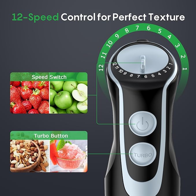 FRESKO Immersion Blender Handheld 4-in-1 Stainless Steel Hand Electric Stick Mixer with 12-Speeds &amp Turbo Mode Powerful 500W Emulsion Blender with Beaker Chopper &amp Whisk
