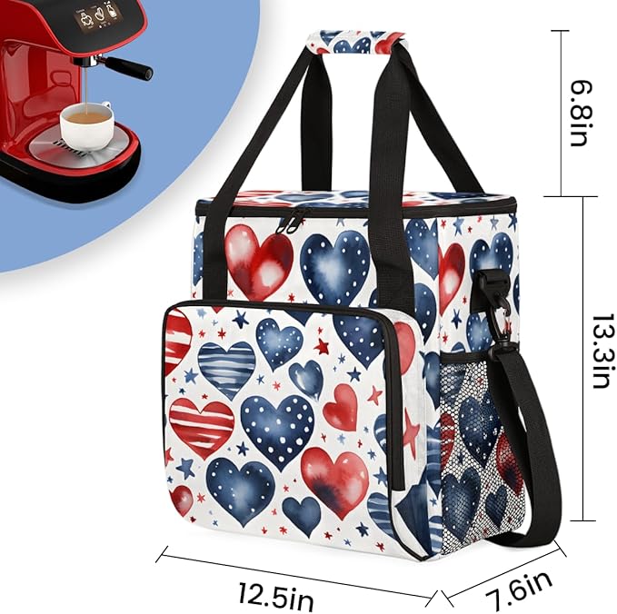Heartbeat of Freedom 4th of July Coffee Maker Carrying Bag Travel Storage Bag Compatible with K-Mini or K-Mini Plus Single Serve Coffee Brewer Carrying Case with Multiple Pockets &amp Shoulder Stra