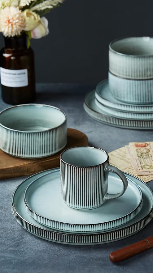 Famiware Star Dinnerware Set with Plates Bowls and Mugs Service for 4 (16-Piece) Stoneware Kitchen Dishes Dinner Plates - Smoky Blue