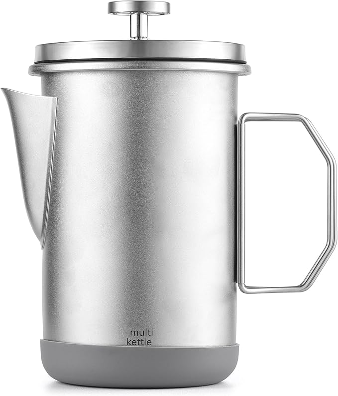 French Press Coffee Maker 1L Portable Stainless Steel Cold Brew Coffee Tea Pot with Foldable Handle for Camping Trips Home Brewing (Silver)