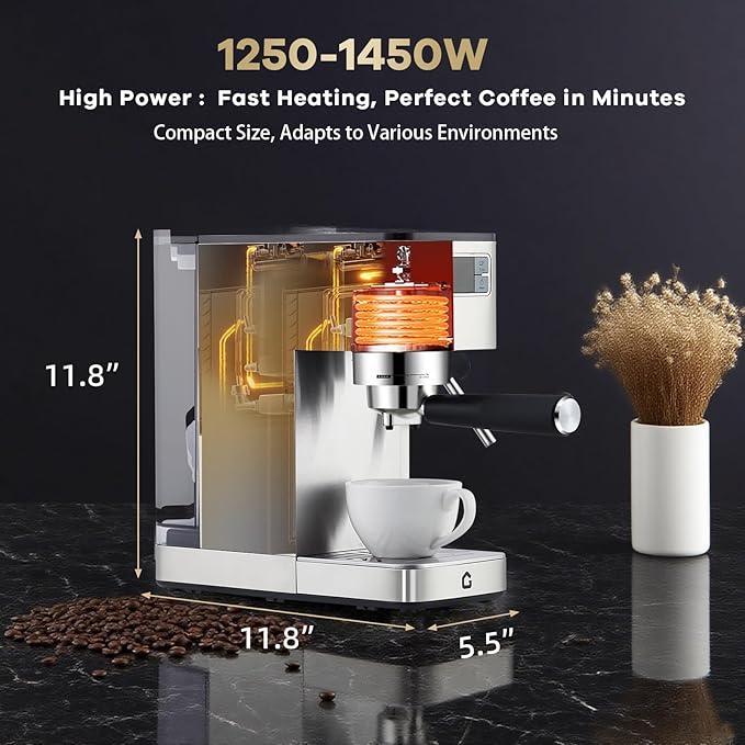 20 Bar Espresso Machine with Steam Wand Removable Water Tank Automatic Cappuccino &amp Latte Maker – Compact Coffee Maker for Home and Office