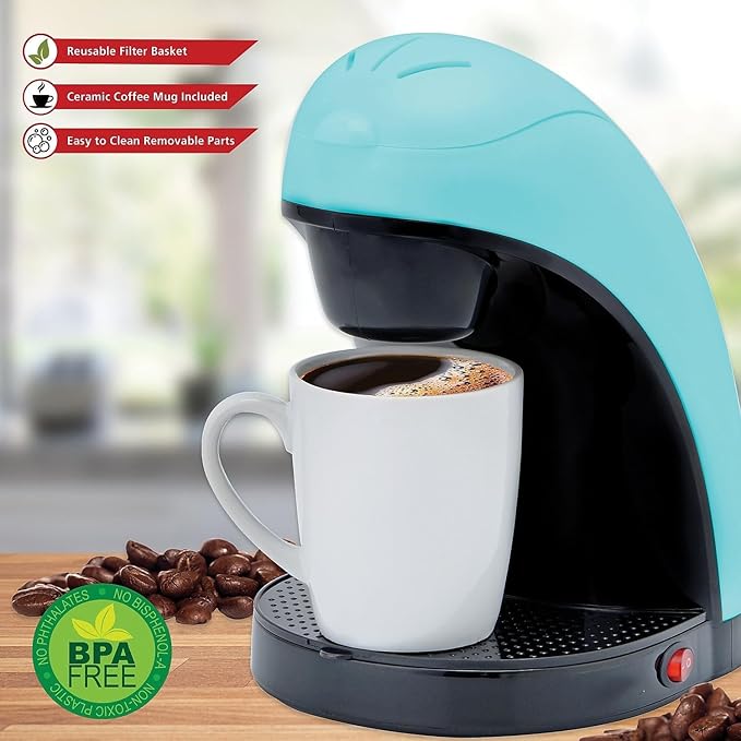 Single Serve Coffee Maker with Porcelain Mug – Compact One Cup Coffee Brewer with Measuring Spoon Removable Drip Tray Blue