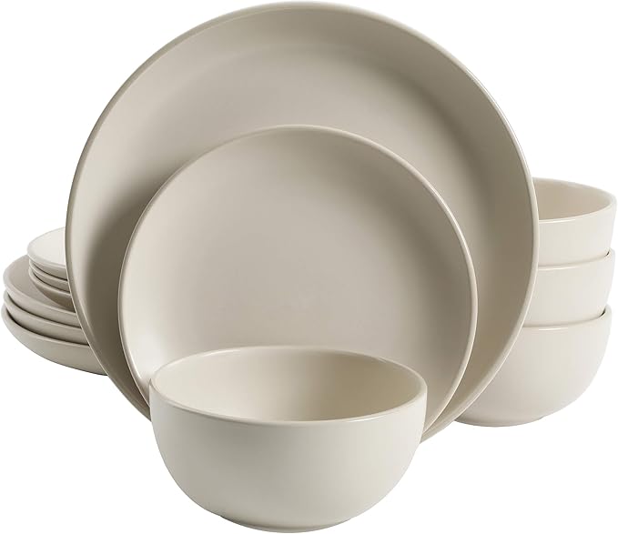 Gibson Home Rockaway 12-Piece Round Stoneware Dinnerware Set Service for 4 – Cream Plates and Bowls Modern Matte Finish Microwave &amp Dishwasher Safe