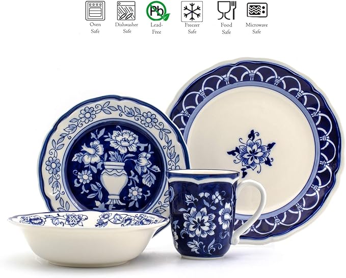 Euro Ceramica Blue Garden 16 Piece Oven Safe Hand Painted Stoneware Dinnerware Set Service for 4 Bold Vase Design/Floral Pattern White and blue