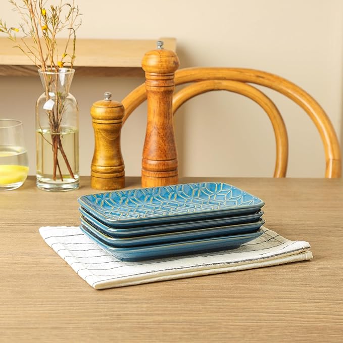 Sureasy Dinnerware Sets 12-piece + 8 inch Rectangular Salad Plates Set of 4 Blue
