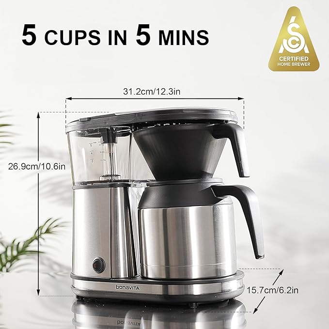 Bonavita 5 Cup Drip Coffee Maker Machine One-Touch Pour Over Auto Pause Brewing with Stainless Steel Double Wall Thermal Carafe SCA Certified Dishwasher Safe BV1500TS