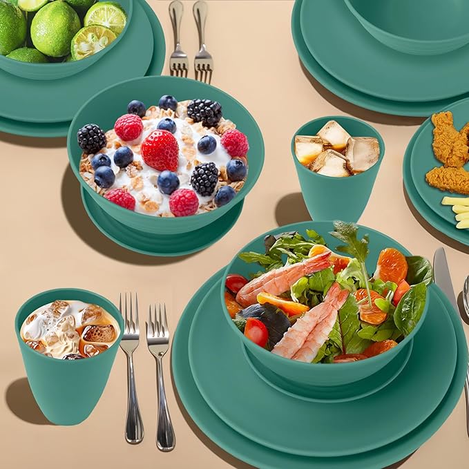Wrova 40Pack plates and bowls sets for kids - Unbreakable wheat straw dinnerware sets service for 8 - Alternative plastic 40pcs dish sets for kitchen camping and indoors dinning - (Green)
