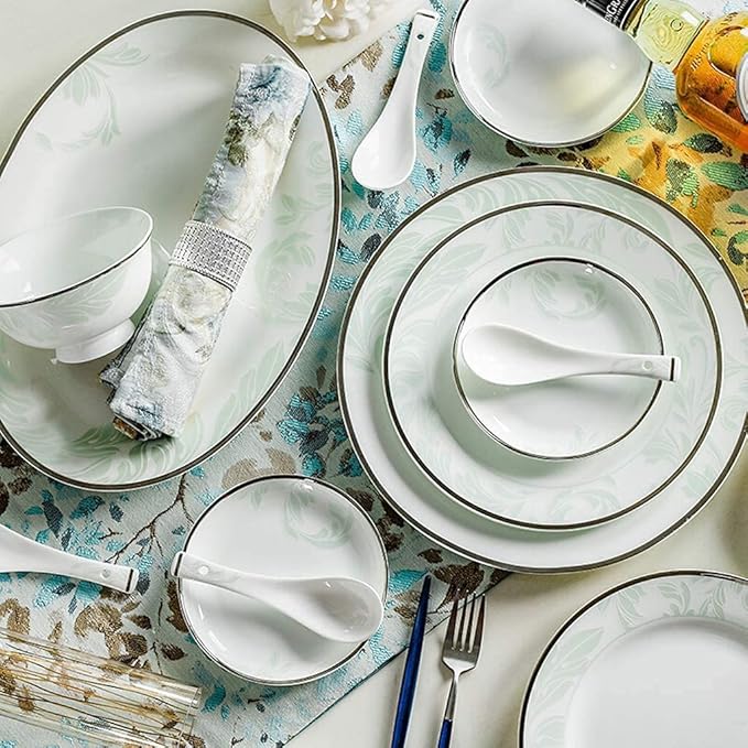 Dining Plate Set Ceramics Dinnerware Set with 46-Piece Bowl/Stockpot/Dish/Spoon|Bone China Dinner Sets Fresh Green Porcelain Combination Set