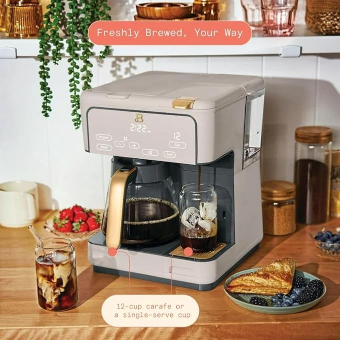 Multi-Brew Coffee Maker – 12-Cup Carafe &amp Single-Serve Pod or Grounds Iced Coffee Mode Programmable Touch Display Includes Filters (PORCINI TAUPE)