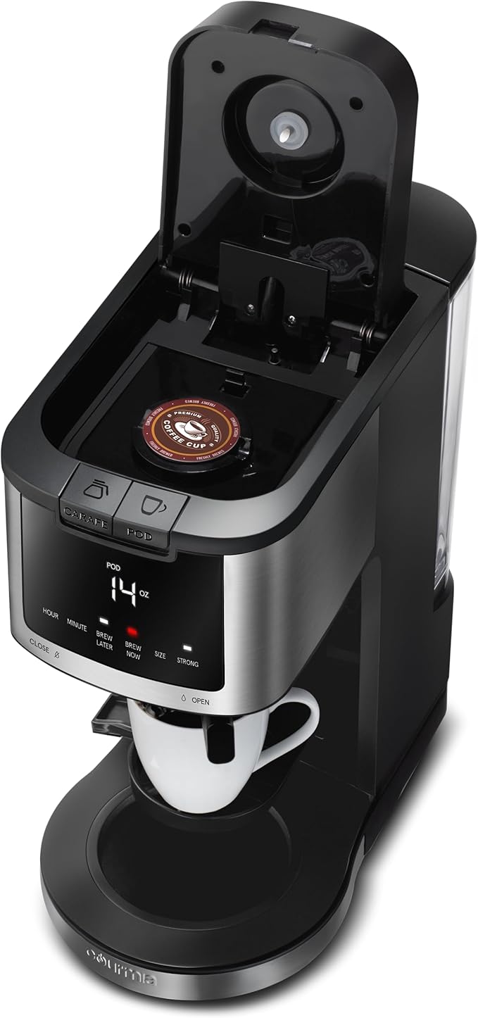 Gourmia 2-in-1 Single Serve Pod + 12-Cup Coffee Maker with Adjustable Up To 4-Hour Keep Warm