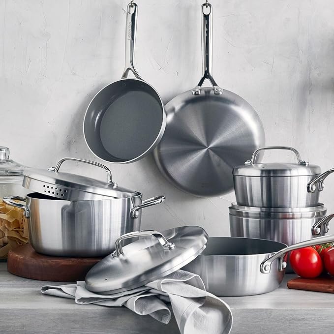 GreenPan GP5 Stainless Steel 5-Ply Healthy Ceramic Nonstick 13 Piece Cookware Pots &amp Pans Set Frying Pans Sauté Saucepans Stock Pot Scratch Resistant InductionDishwasher &amp Oven Safe PF
