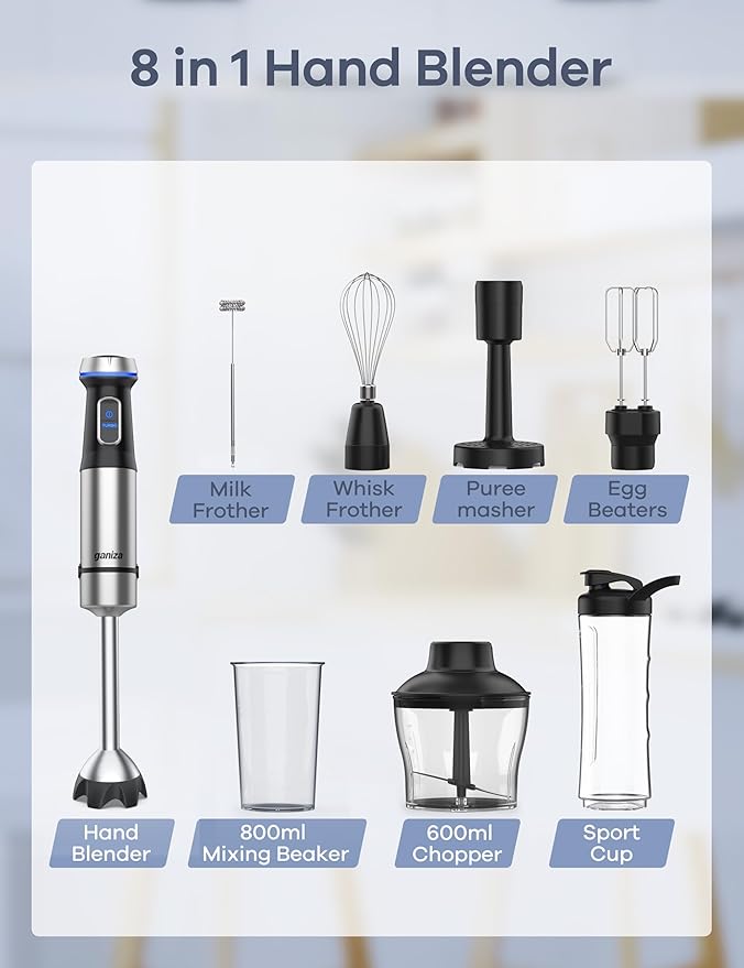 Ganiza Immersion Blender 8 in 1 Hand Blender Max 1000W Heavy Duty Motor 16 Speed Mode Handheld Blenders Immersion Stainless Steel Sitck Blender Includes 8 Total Pieces