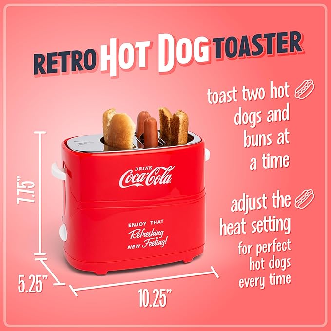 Nostalgia Coca-Cola Hot Dog Toaster - 2 Slot Bun Mini Tongs - Works with Chicken Turkey Veggie Links Sausages and Brats - Coke Red