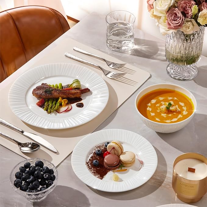 KINGSTONE Bone China Dinnerware Set 12-Piece White Lightweight Porcelain with Textured Design Service for 4 Plates Bowls for Family Dining Restaurants Gifting Microwave and Dishwasher Safe
