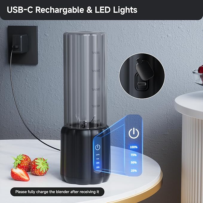 Portable Blender Small Smoothie &amp Shake Maker with 6 Blades USB-C Rechargeable Personal Blender with LED Display Travel-Friendly Mini Juicer Cup for Home Office Gym Outdoor 17oz Black