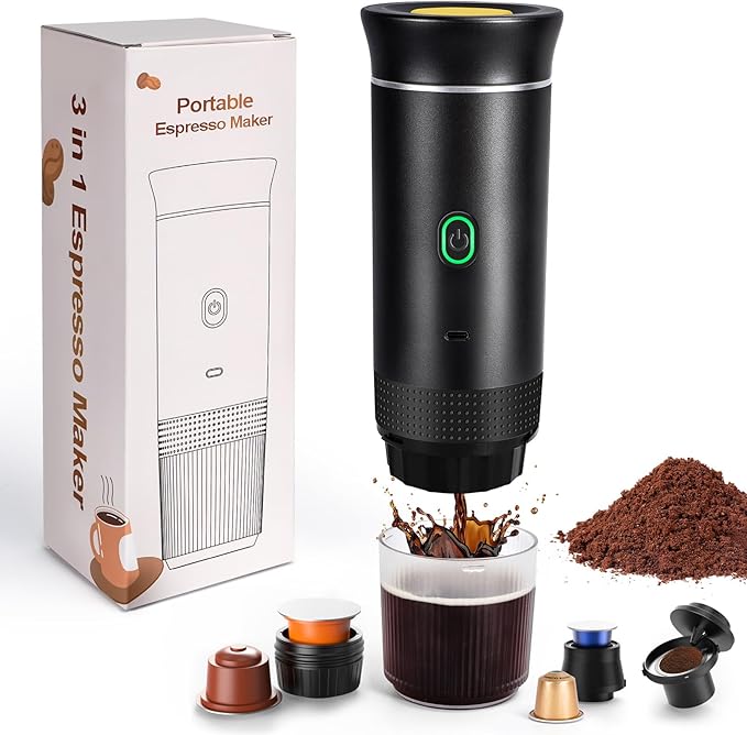 Electric Espresso Machine 3 In 1 Portable Coffee Maker for Travel 4-6 min Self-Heating Compatible with Ground Coffee &amp Large Capsules Small Capsules for Hiking Camping RV Office (Black)