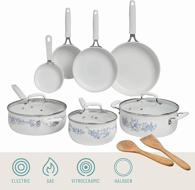 12-Piece Ceramic Interior Cookware Set with Lids and Utensils Floral Design