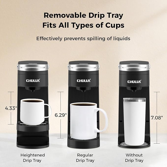 CHULUX Slim Single Serve Coffee Maker for K Pods One Cup Coffee Maker Fits 7.3 Travel Mugs Coffee Machine with 6 to 12oz Brew Sizes