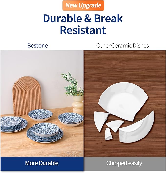 Bestone Porcelain Dinnerware Sets Service for 4 12 pcs Hand drawn Plates and Bowls Sets Handmade Ceramic Dish Set Chip Resistant Modern Plate Set Dishwasher/Microwave SafeVintage Blue