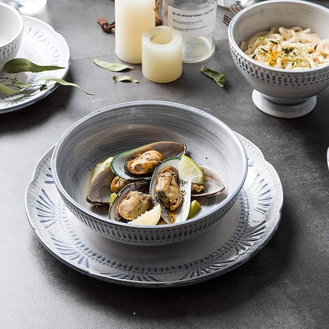 Ceramics Dinner SetsBowl/Dish/Spoon3D Baroque Embossed Texture Dinnerware SetBlue-Gray Tone Porcelain Combination Tableware Set30pieces