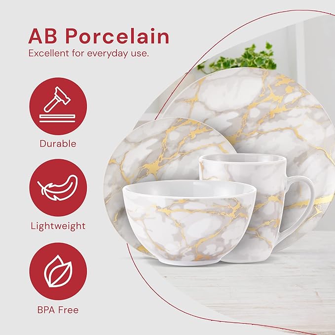 Safdie &amp Co 16-Piece Modern Premium Porcelain Ceramic Dinner Set Lightweight Designed Stackable in Gold Marble/Gray Finish