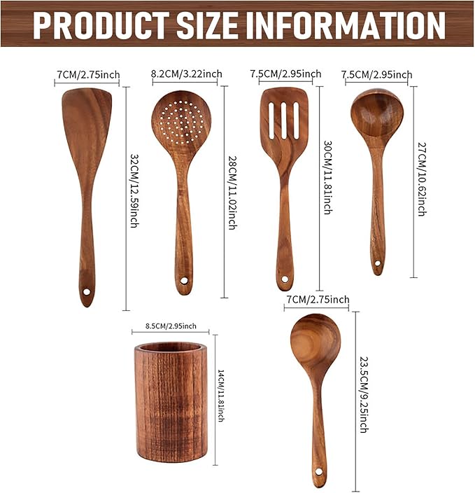 6 PCS Wooden Cooking Utensils Set Wooden Spoons for Cooking with Utensils Holder Comfort Grip Ideal for Nonstick Cookware