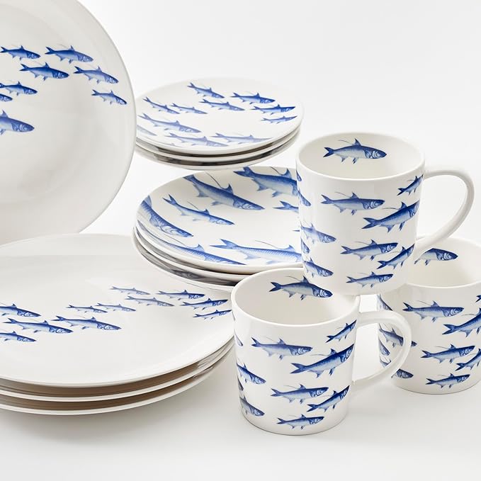 Caskata School of Fish Dinner Plates Set of 4 | High-Design Lead-Free Porcelain Dinnerware Plate Set | Blue Dinnerware Set for Entertaining Everyday Thanksgiving Wedding or Birthday Gifts | 10.75 in