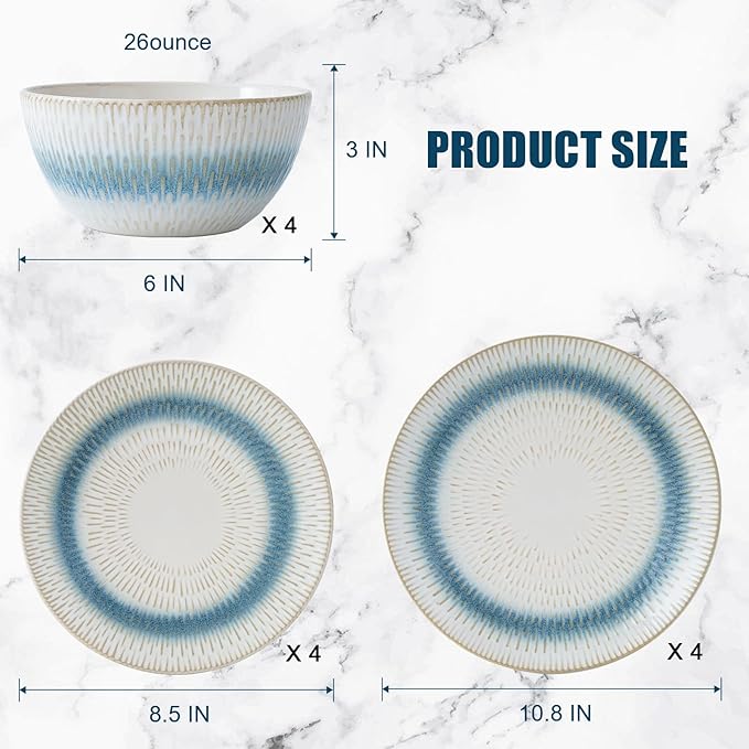 12 Pieces Ceramic Dinnerware Sets Handmade Reactive Glaze Plates and Bowls Sets Stoneware Set Dishwasher &amp Microwave Safe Dishes set Blue Relievo