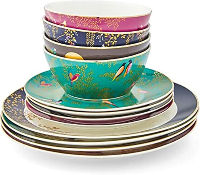 Sara Miller London Chelsea 12 Piece Dinnerware Set - Fine China Plates &amp Bowls Featuring Vibrant Birds &amp Floral Art for Afternoon Tea or Dining - Elegant Gift Box with Full Place Settings