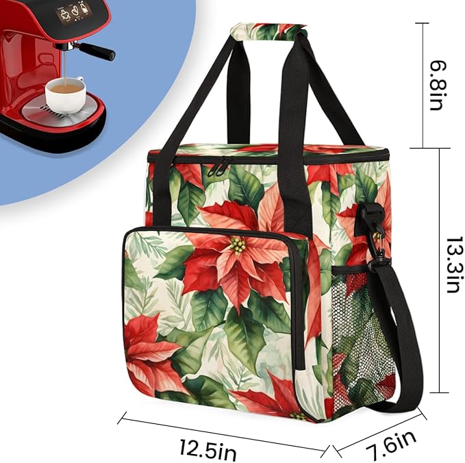 Holly Berry Flowers Coffee Maker Carrying Bag Graffiti Flowers Travel Storage Bag Compatible with K-Mini or K-Mini Plus Single Serve Coffee Brewer Carrying Case with Pockets &amp Shoulder Strap