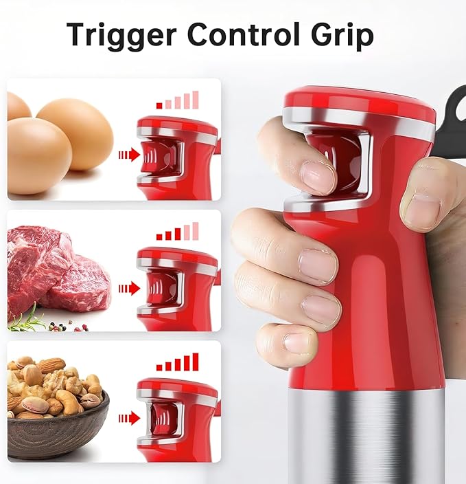 Immersion Blender Handheld Corded Hand Blenders Set 1100W Trigger Variable Speed 5 in 1 Stick Emulsifier with Chopper Whisk and Frother for Soup Baby Food and Smoothies Christmas red