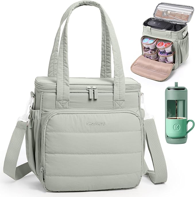 BAGSPRITE Coffee Maker Travel Bag Compatible with Keurig K-Mini Mate Carrying Case for K-Cup Single Serve Coffee Maker Portable Coffee Maker Case with Pod Organizer Mug Pockets &amp Shoulder Strap